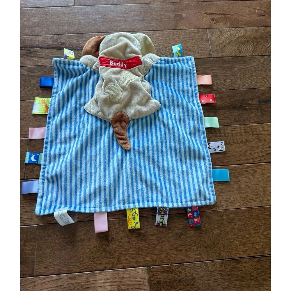 Taggies Peek A Boo Buddy Puppy Dog Baby Blanket Blue Stripe Bone Security Lovey